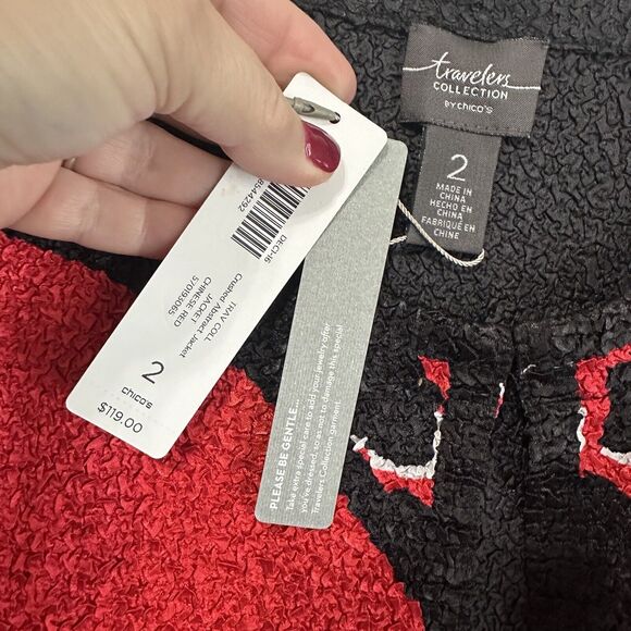 Chicos Travelers Abstract Jacket Chinese Red 2 Large Hook Eye Closure Party NEW - Picture 6 of 11